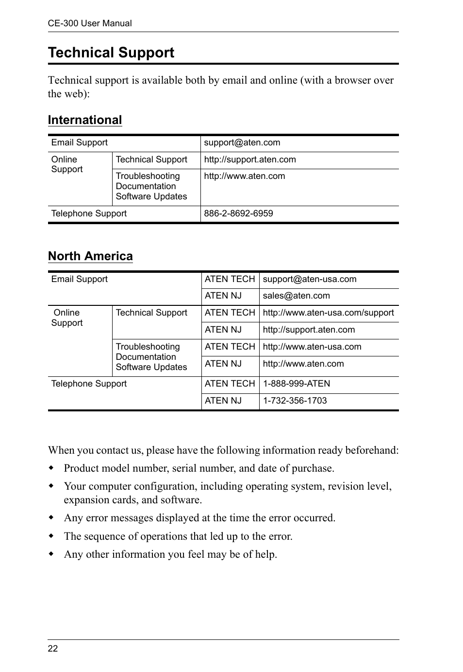 Technical support, International, North america | International north america | ATEN CE-300 User Manual | Page 30 / 33