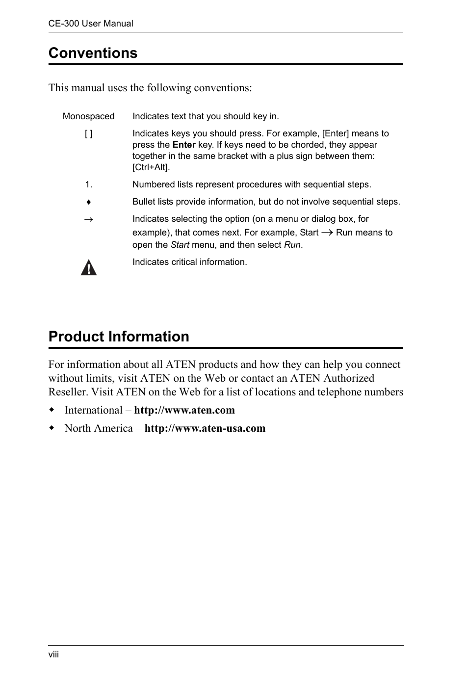 Conventions, Product information | ATEN CE-300 User Manual | Page 8 / 33
