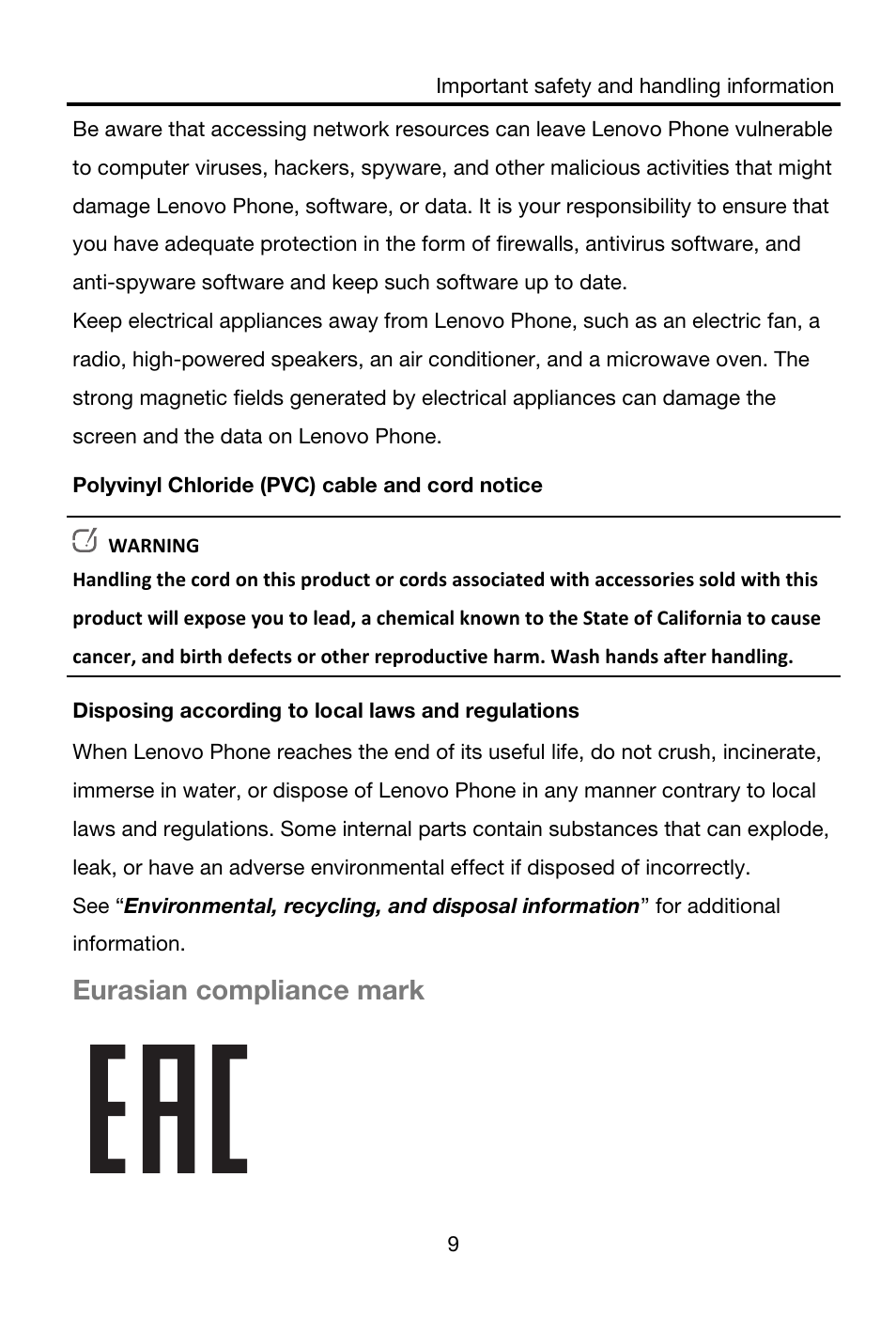 Eurasian compliance mark | Lenovo S856 Smartphone User Manual | Page 11 / 19