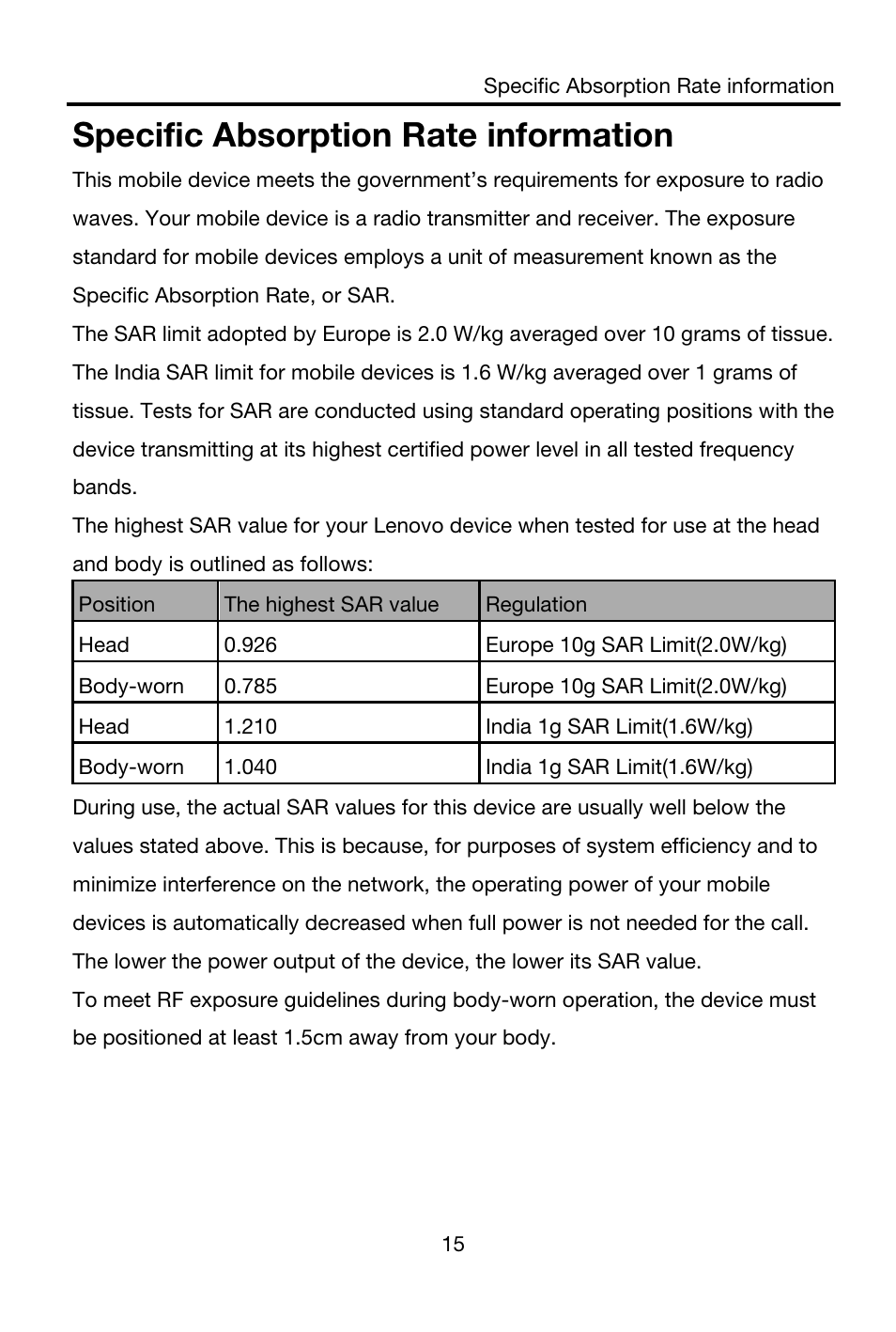 Specific absorption rate information | Lenovo S856 Smartphone User Manual | Page 17 / 19