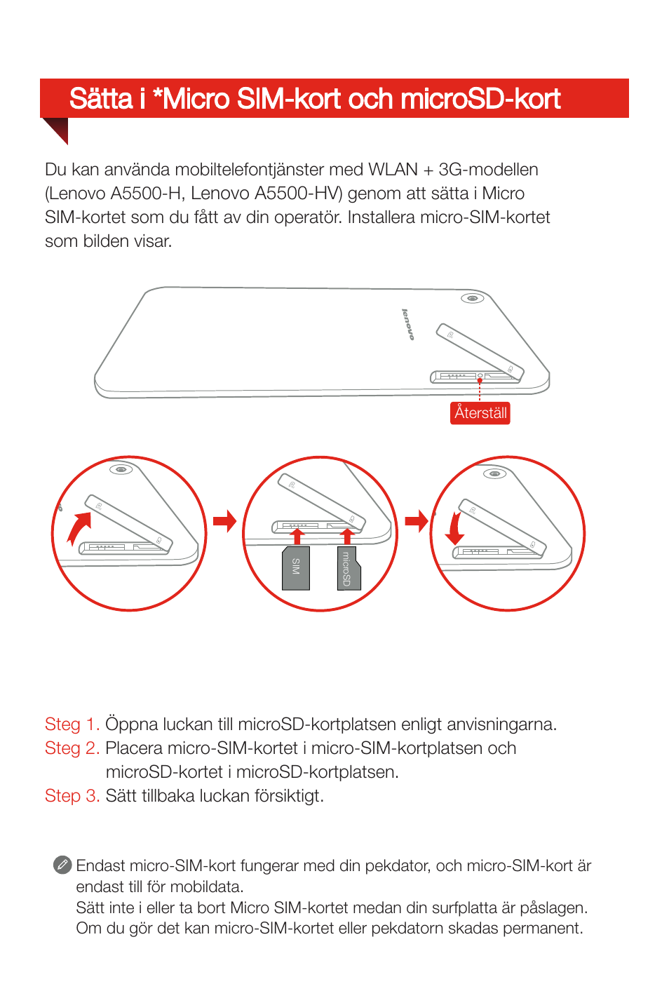 Sätta i *micro sim-kort och microsd-kort, Lenovo a5500-hv | Lenovo A8-50 Tablet User Manual | Page 41 / 80