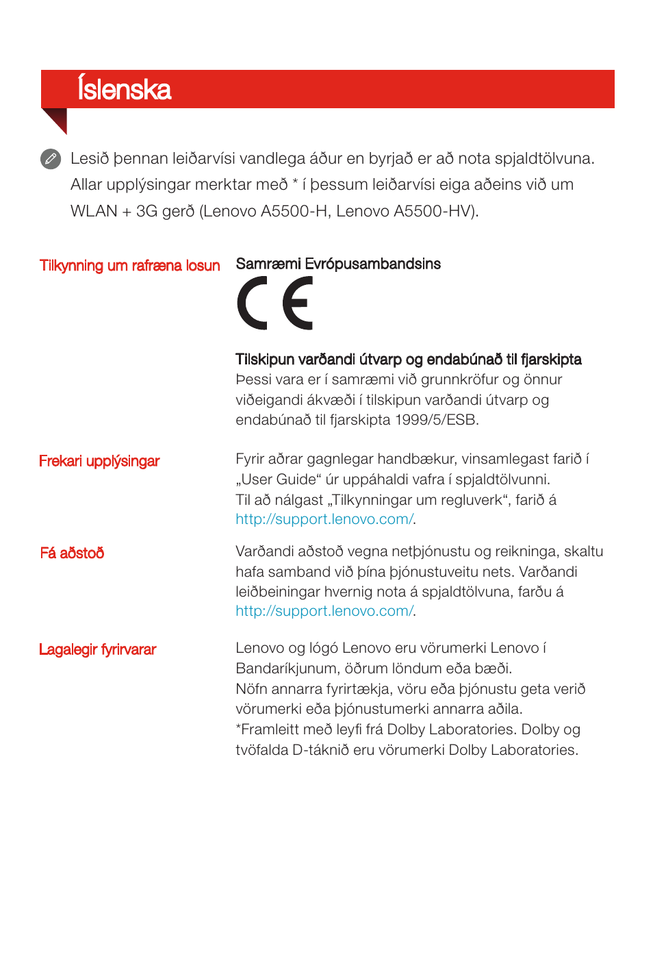 Íslenska | Lenovo A8-50 Tablet User Manual | Page 73 / 80