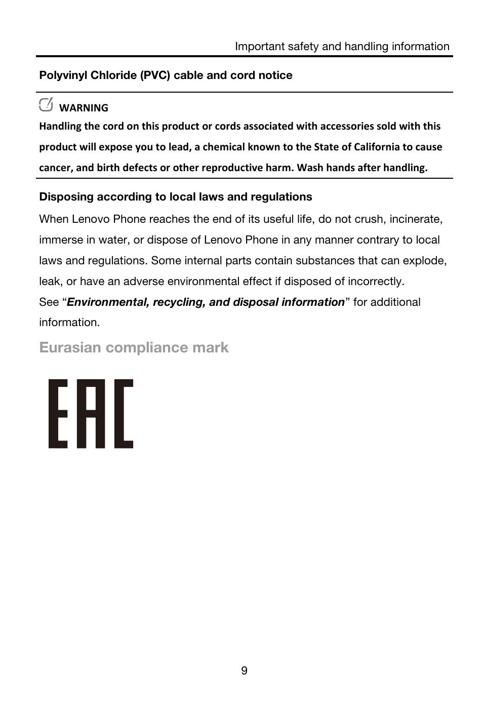 Eurasian compliance mark | Lenovo A606 Smartphone User Manual | Page 10 / 14
