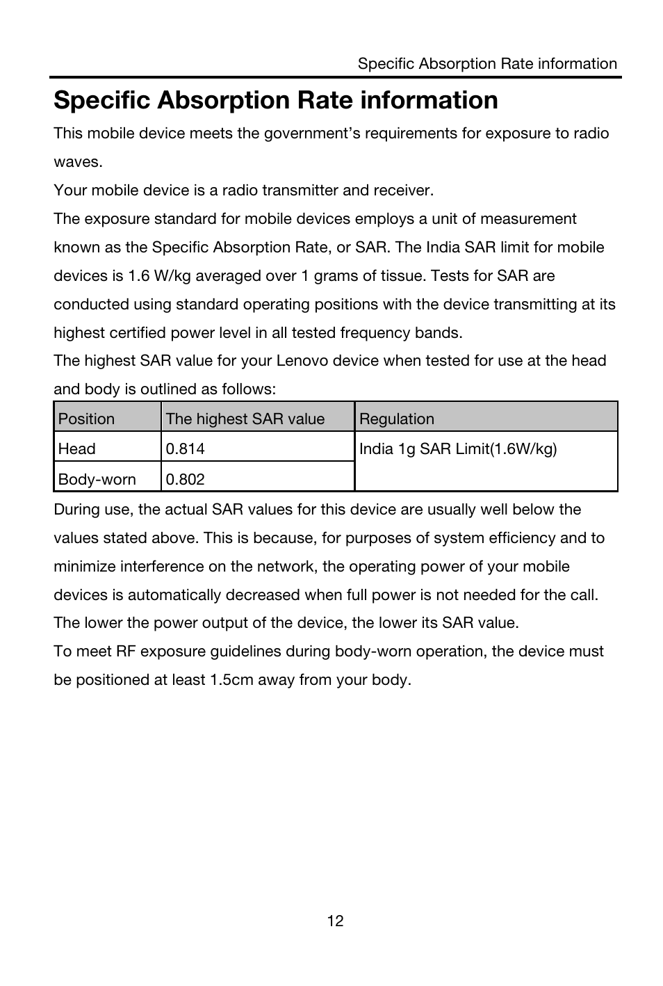 Specific absorption rate information | Lenovo A606 Smartphone User Manual | Page 13 / 14