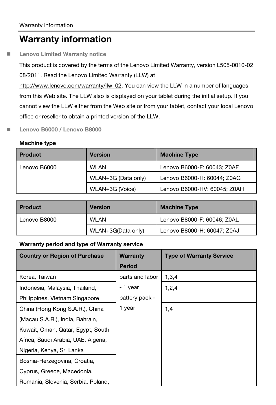 Warranty information | Lenovo Yoga Tablet 8 B6000 User Manual | Page 9 / 21