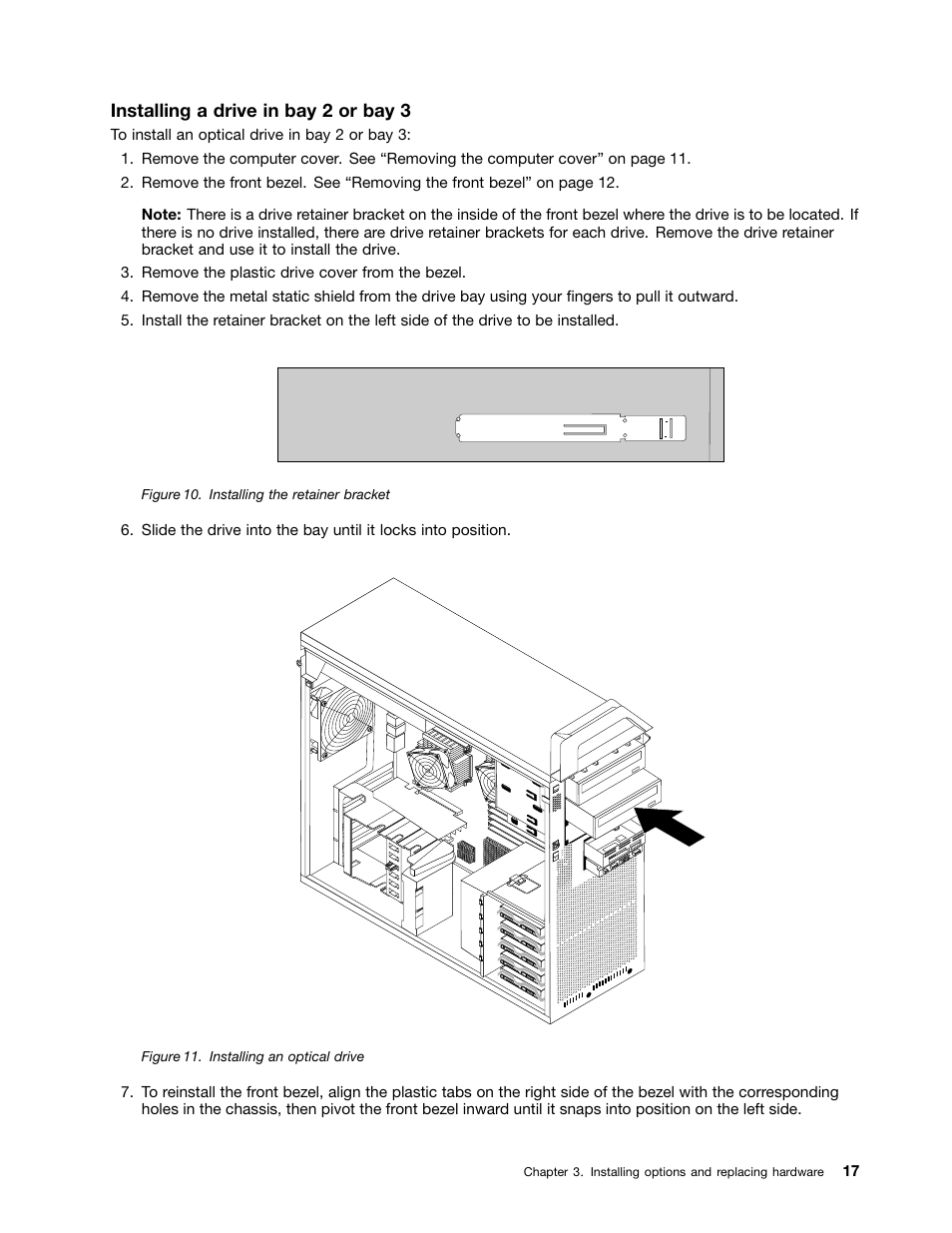 Installing the retainer bracket, Installing an optical drive | Lenovo ThinkStation D20 User Manual | Page 23 / 64
