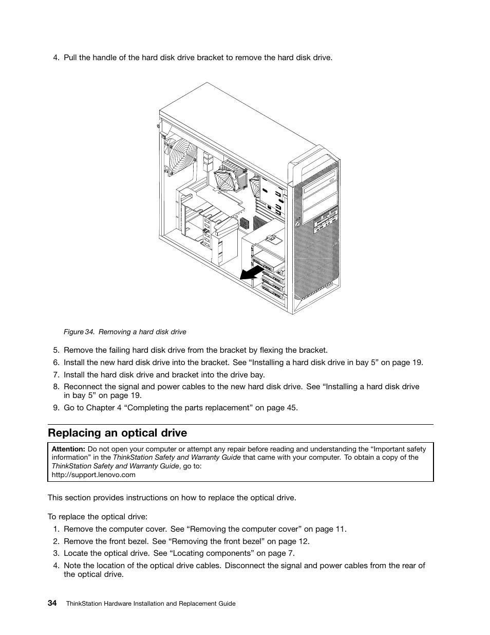 Replacing an optical drive, Removing a hard disk drive | Lenovo ThinkStation D20 User Manual | Page 40 / 64