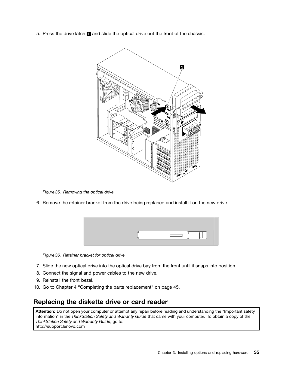Replacing the diskette drive or card reader, Removing the optical drive, Retainer bracket for optical drive | Lenovo ThinkStation D20 User Manual | Page 41 / 64