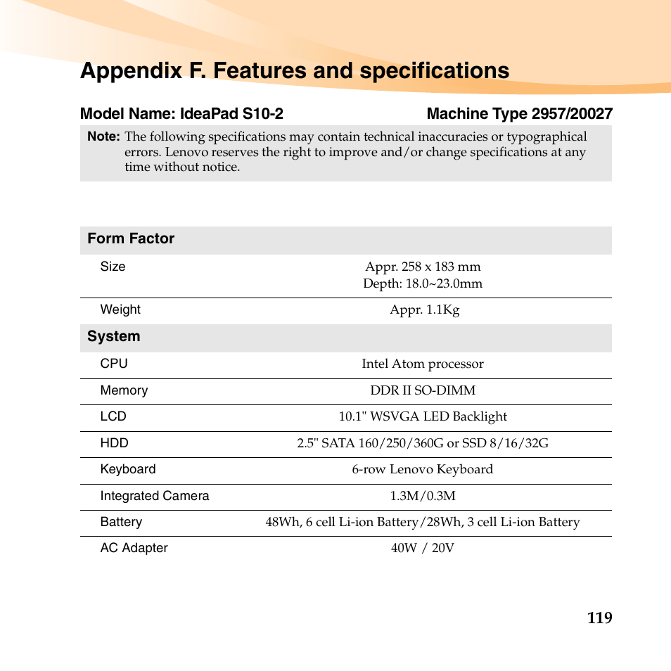 Appendix f. features and specifications | Lenovo IdeaPad S10-2 User Manual | Page 134 / 140