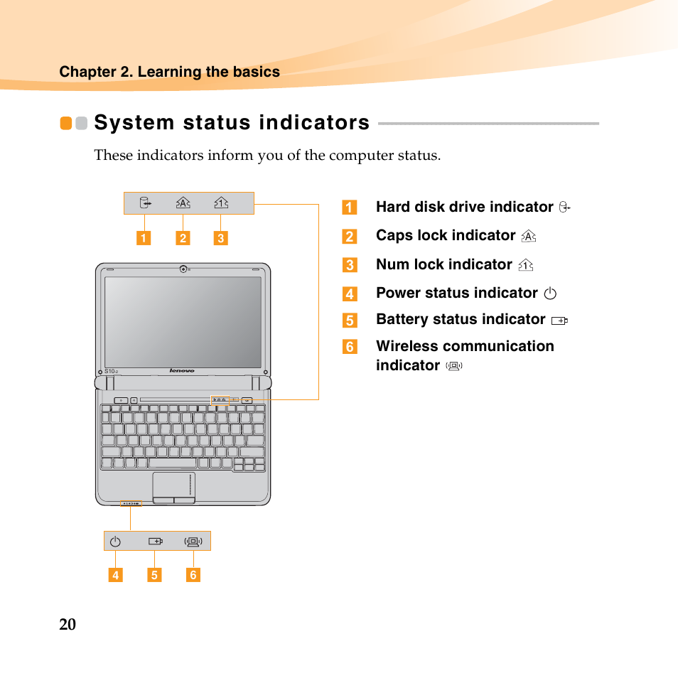 System status indicators | Lenovo IdeaPad S10-2 User Manual | Page 35 / 140