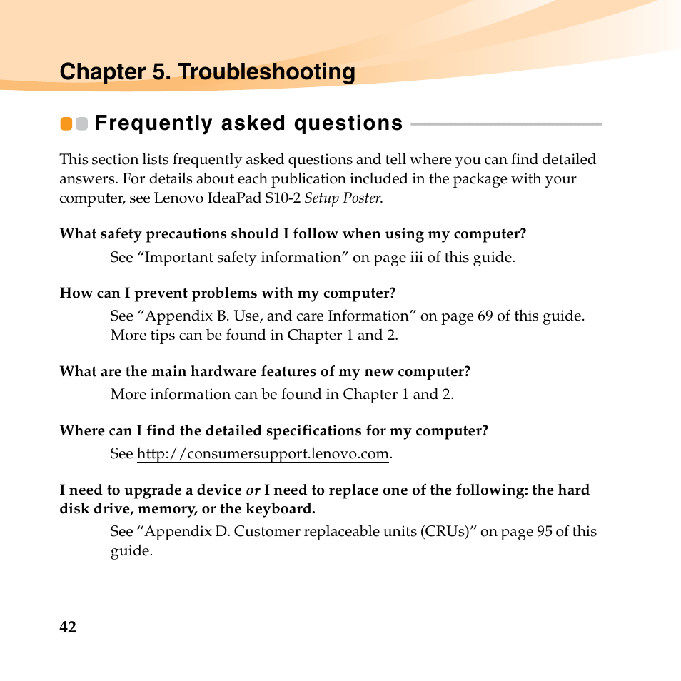 Chapter 5. troubleshooting, Frequently asked questions | Lenovo IdeaPad S10-2 User Manual | Page 57 / 140