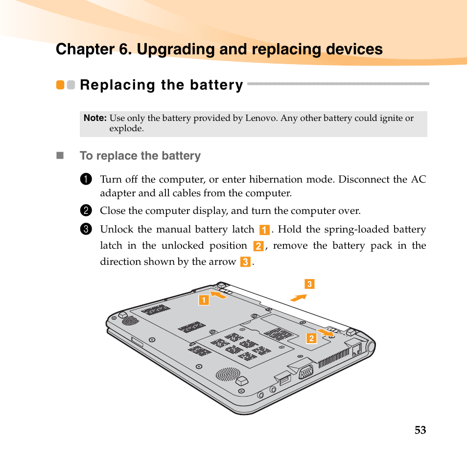 Chapter 6. upgrading and replacing devices, Replacing the battery | Lenovo IdeaPad S10-2 User Manual | Page 68 / 140