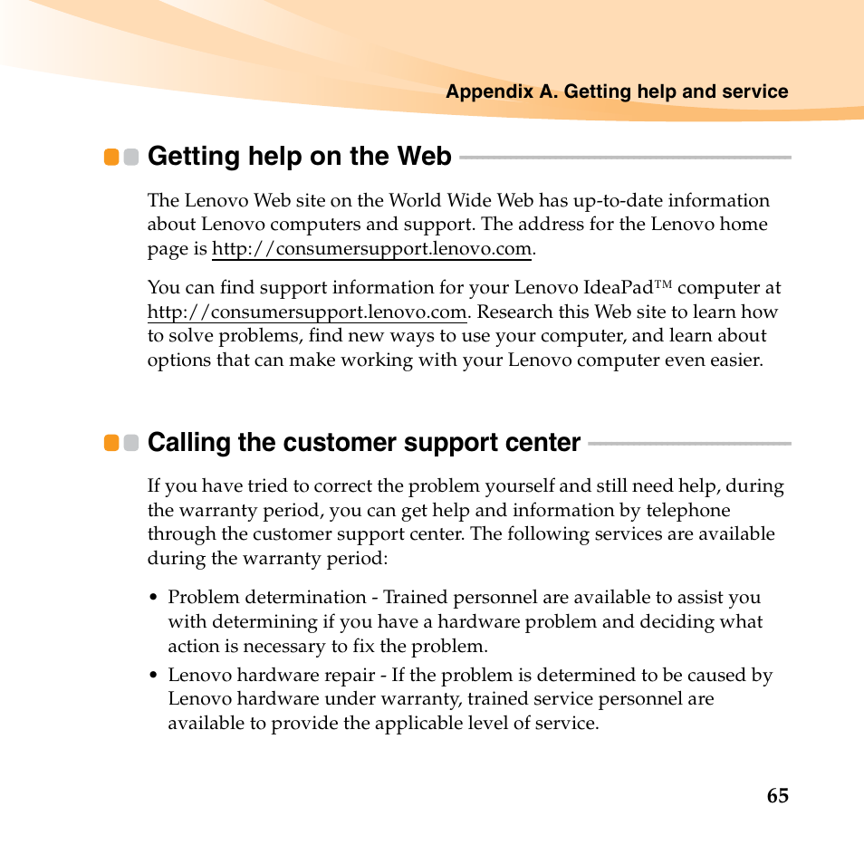 Getting help on the web, Calling the customer support center | Lenovo IdeaPad S10-2 User Manual | Page 80 / 140