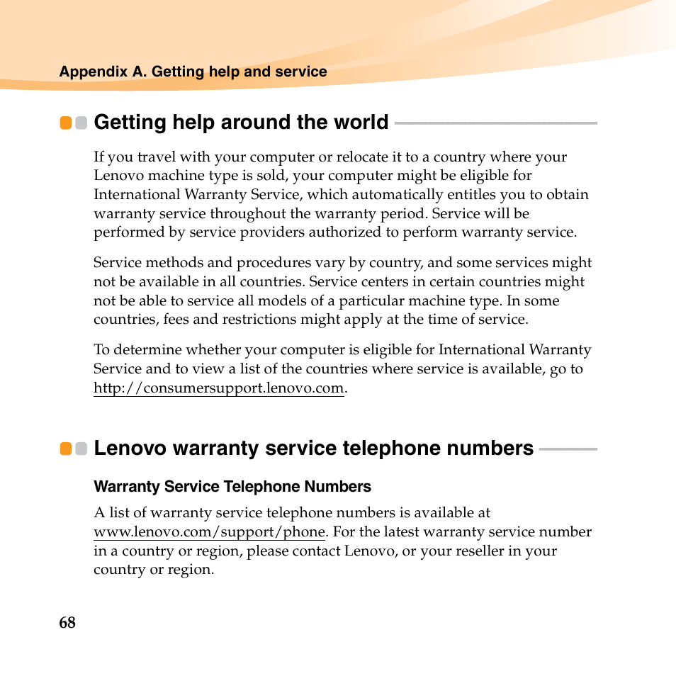 Getting help around the world, Lenovo warranty service telephone numbers | Lenovo IdeaPad S10-2 User Manual | Page 83 / 140