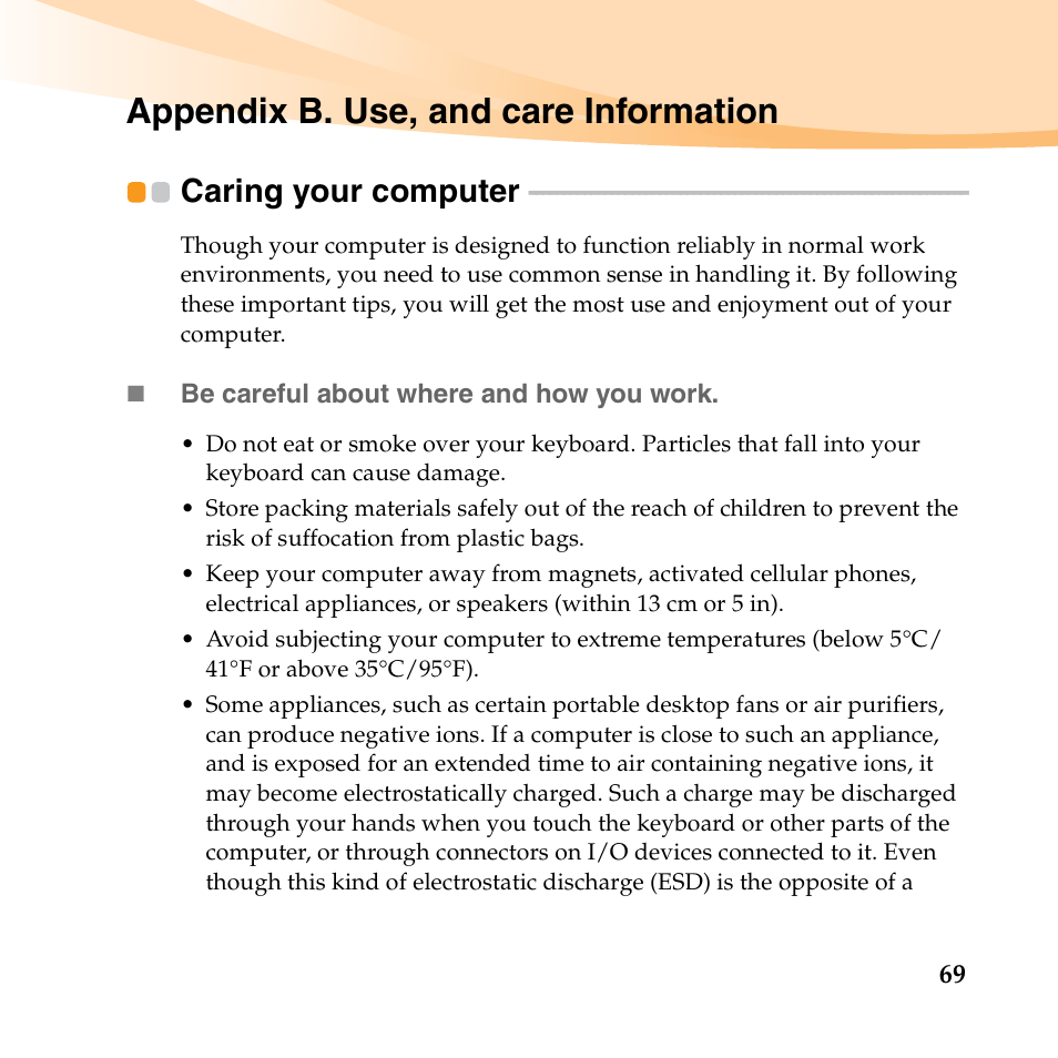 Appendix b. use, and care information, Caring your computer | Lenovo IdeaPad S10-2 User Manual | Page 84 / 140