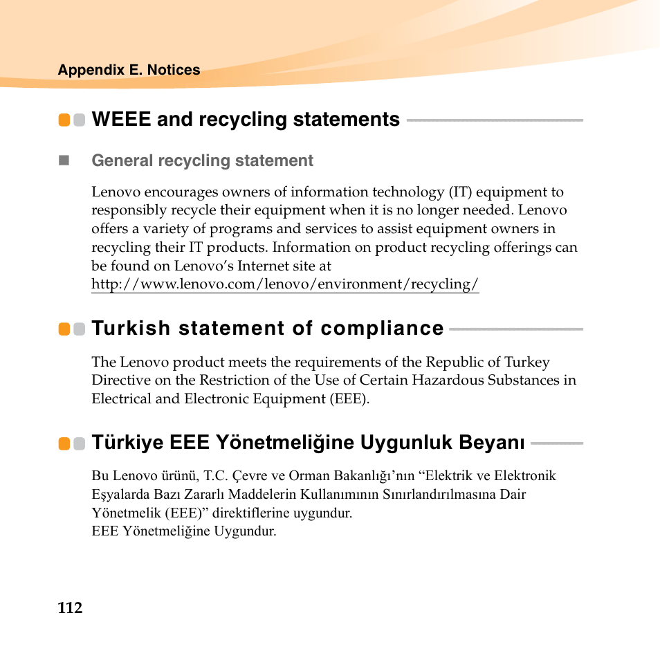 Weee and recycling statements, Turkish statement of compliance, Türkiye eee yönetmeliğine uygunluk beyanı | Lenovo IdeaPad U150 User Manual | Page 126 / 140