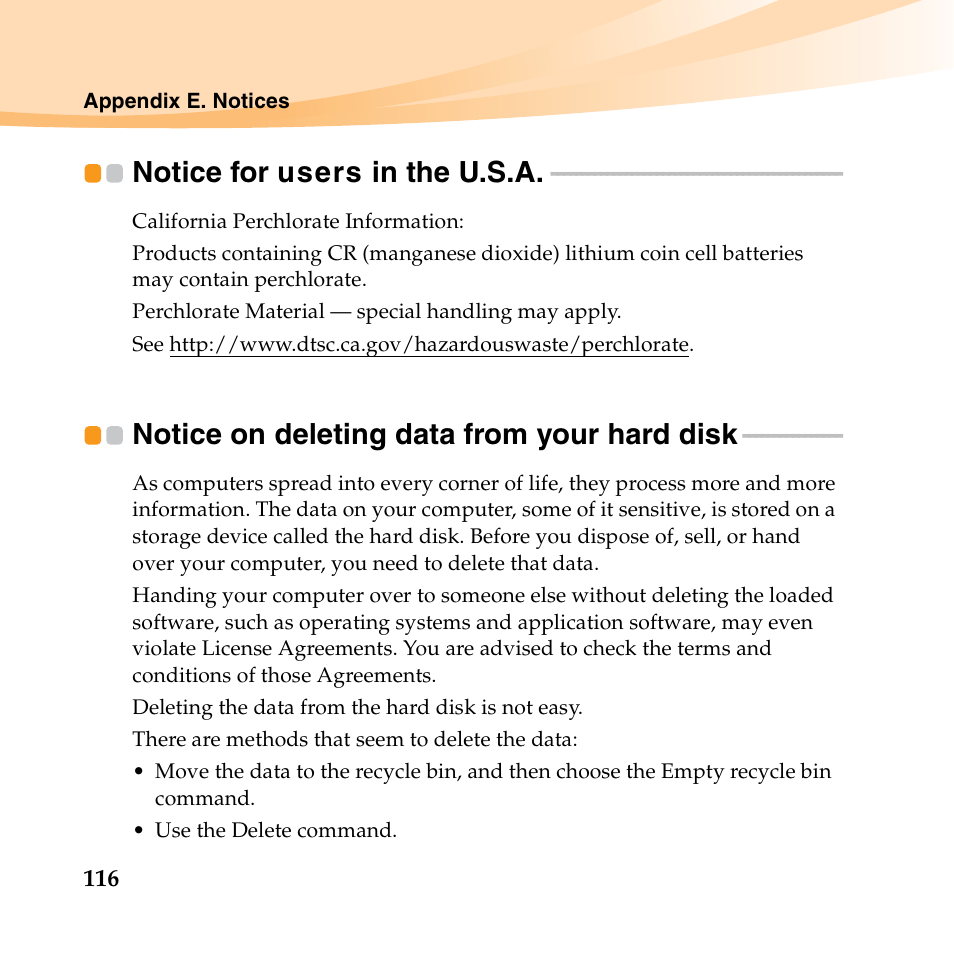 Notice for users in the u.s.a, Notice on deleting data from your hard disk | Lenovo IdeaPad U150 User Manual | Page 130 / 140