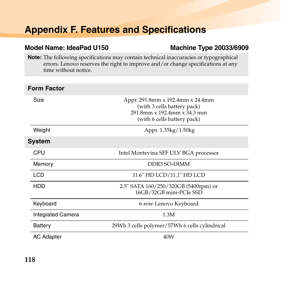 Appendix f. features and specifications | Lenovo IdeaPad U150 User Manual | Page 132 / 140