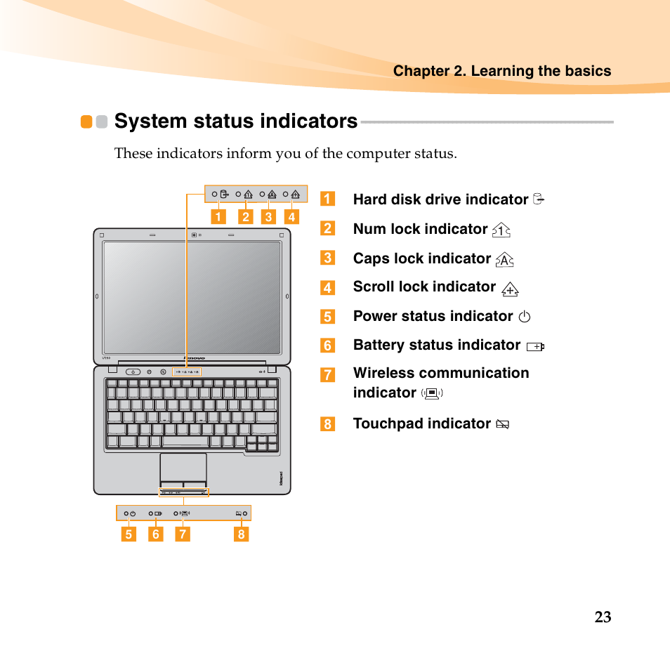 System status indicators | Lenovo IdeaPad U150 User Manual | Page 37 / 140