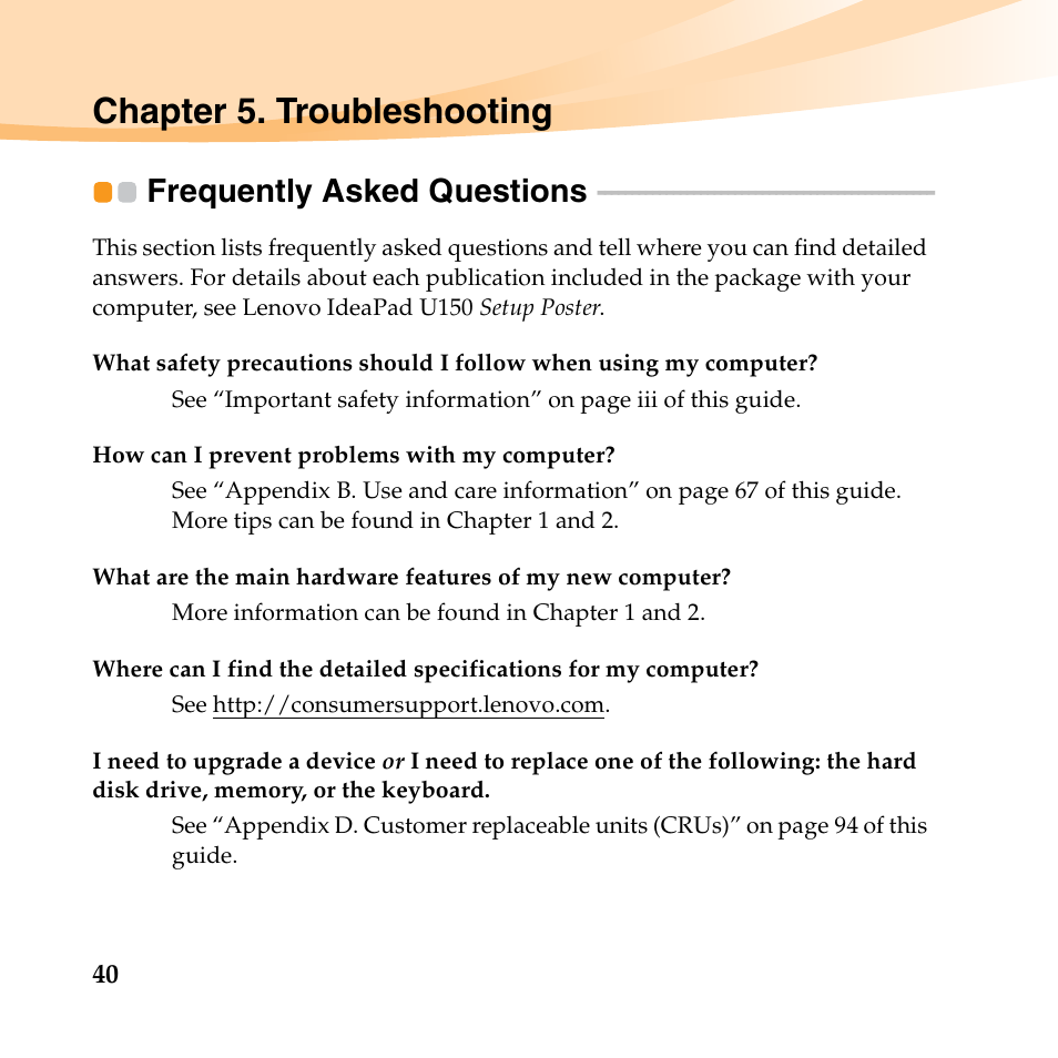 Chapter 5. troubleshooting, Frequently asked questions | Lenovo IdeaPad U150 User Manual | Page 54 / 140