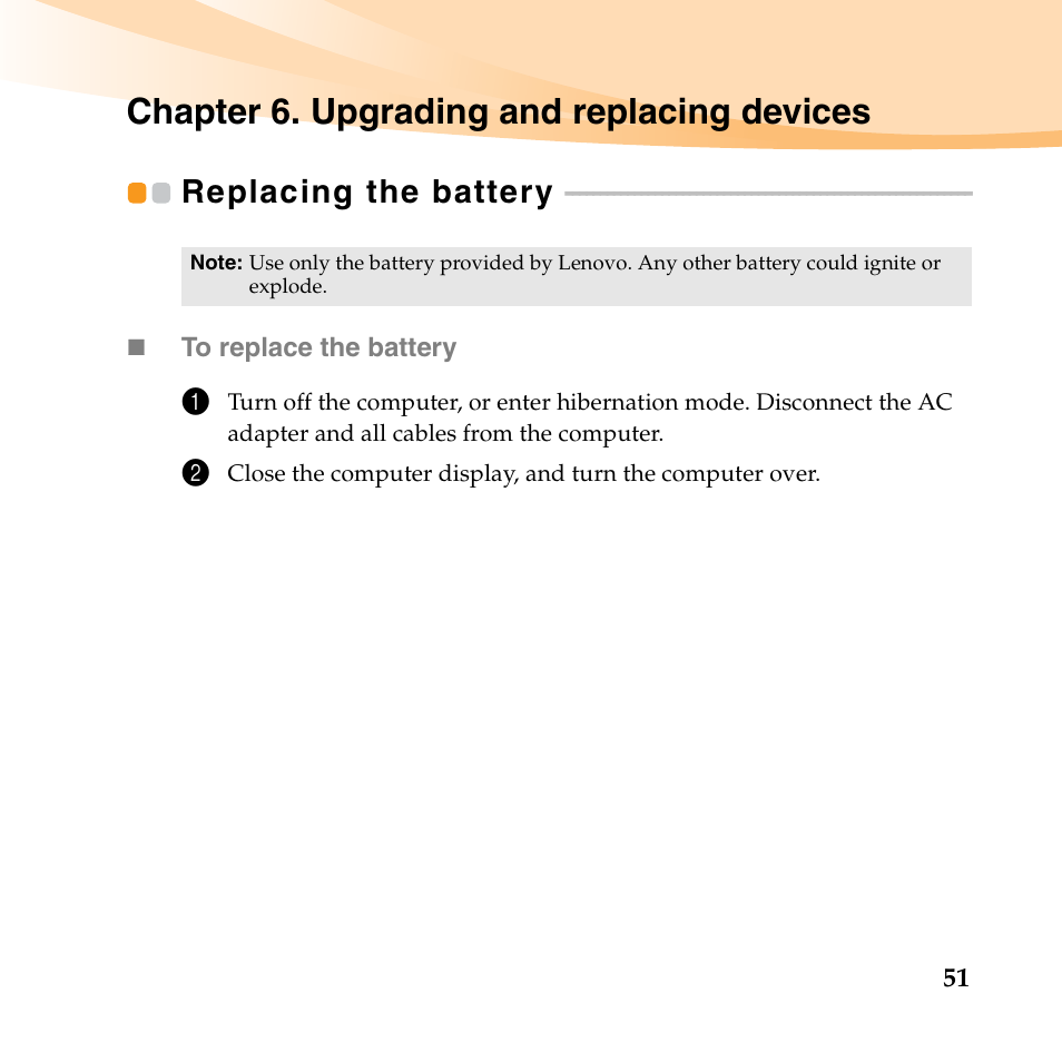 Chapter 6. upgrading and replacing devices, Replacing the battery | Lenovo IdeaPad U150 User Manual | Page 65 / 140