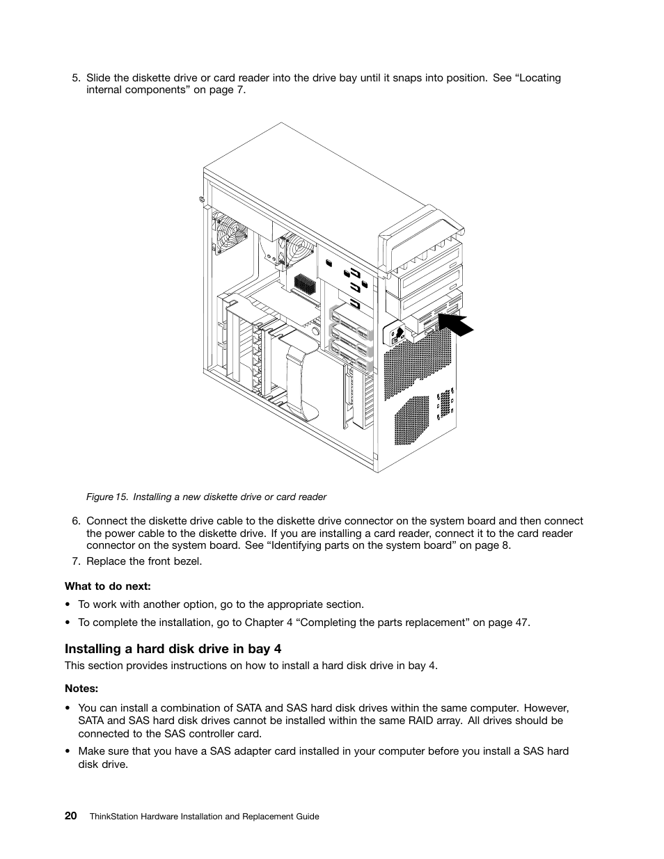 Installing a new diskette drive or card reader | Lenovo ThinkStation S20 User Manual | Page 26 / 64
