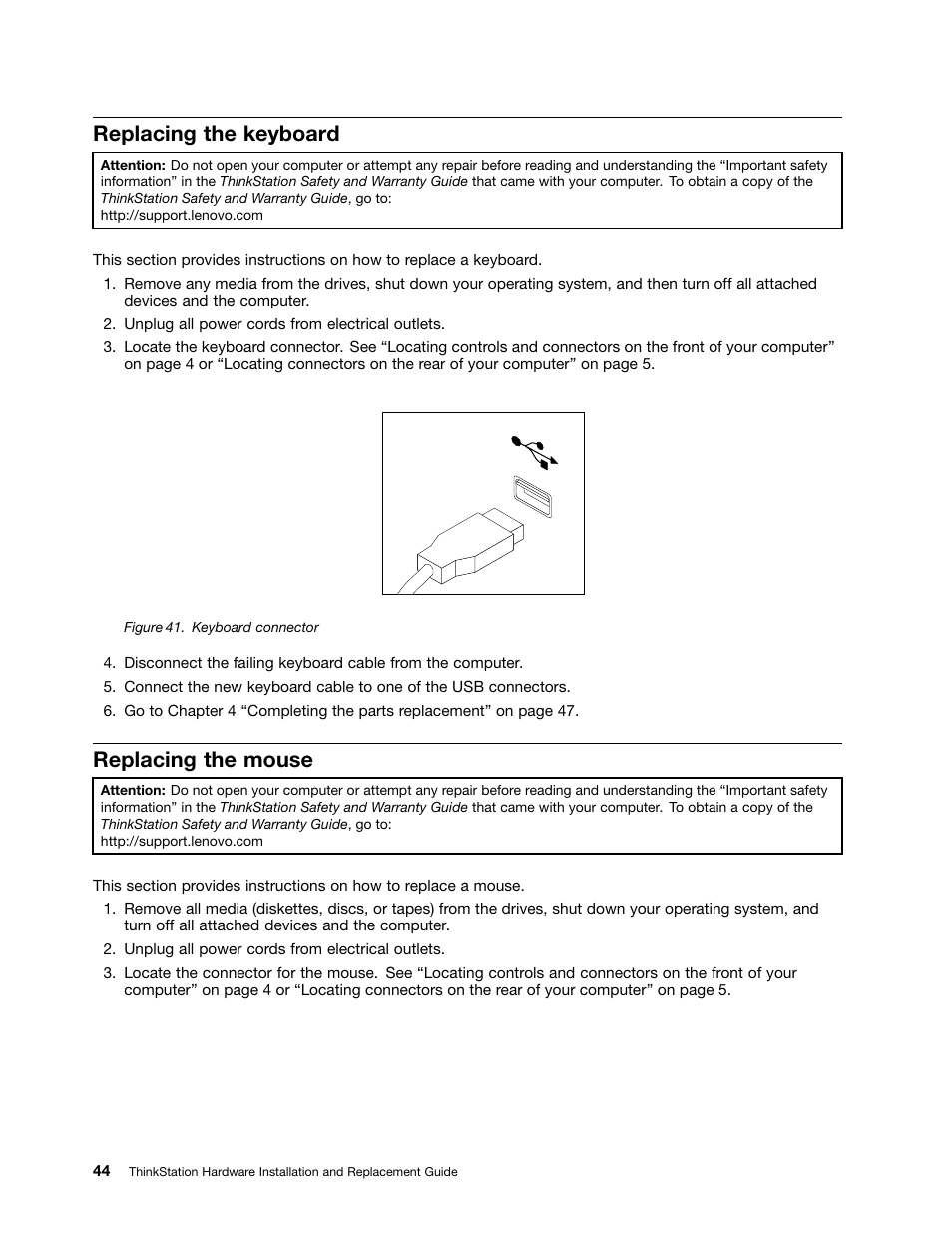 Replacing the keyboard, Replacing the mouse, Keyboard connector | Lenovo ThinkStation S20 User Manual | Page 50 / 64