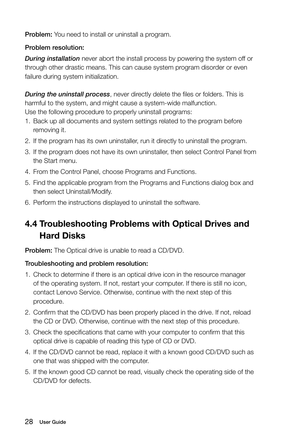 4 troubleshooting problems with optical drives and, Hard disks | Lenovo IdeaCentre K330 User Manual | Page 33 / 35