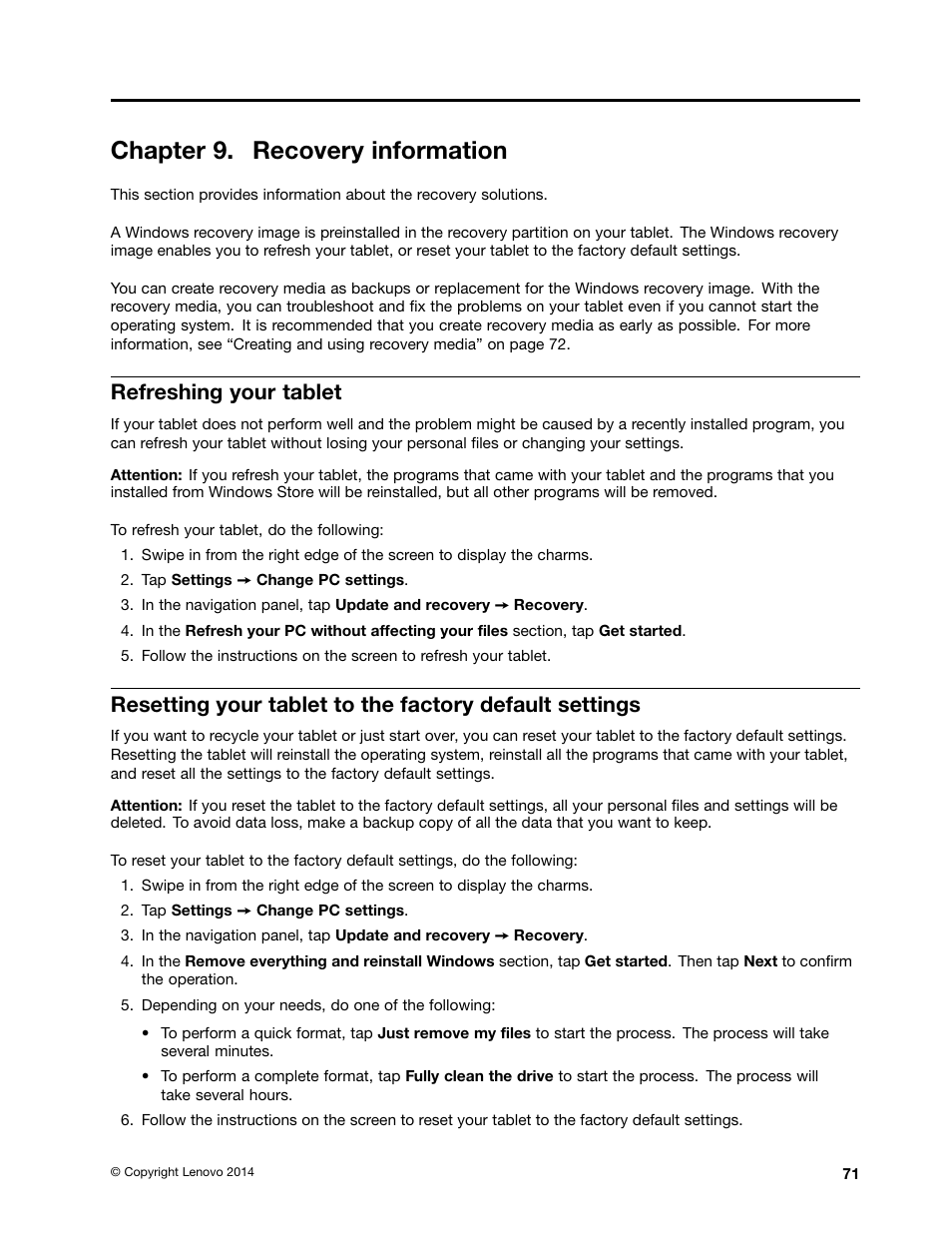 Chapter 9. recovery information, Refreshing your tablet | Lenovo ThinkPad 10 User Manual | Page 79 / 102