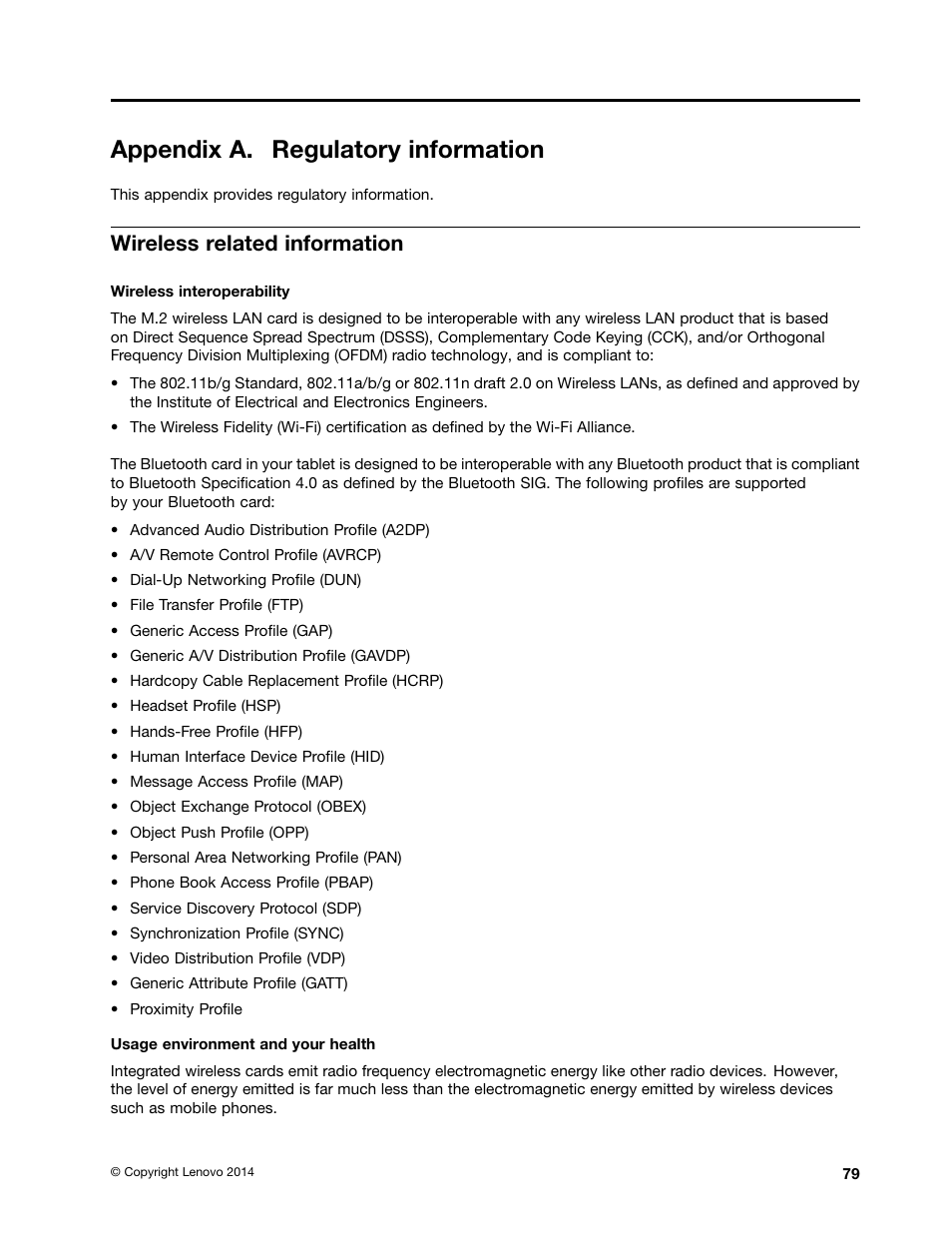 Appendix a. regulatory information, Wireless related information | Lenovo ThinkPad 10 User Manual | Page 87 / 102
