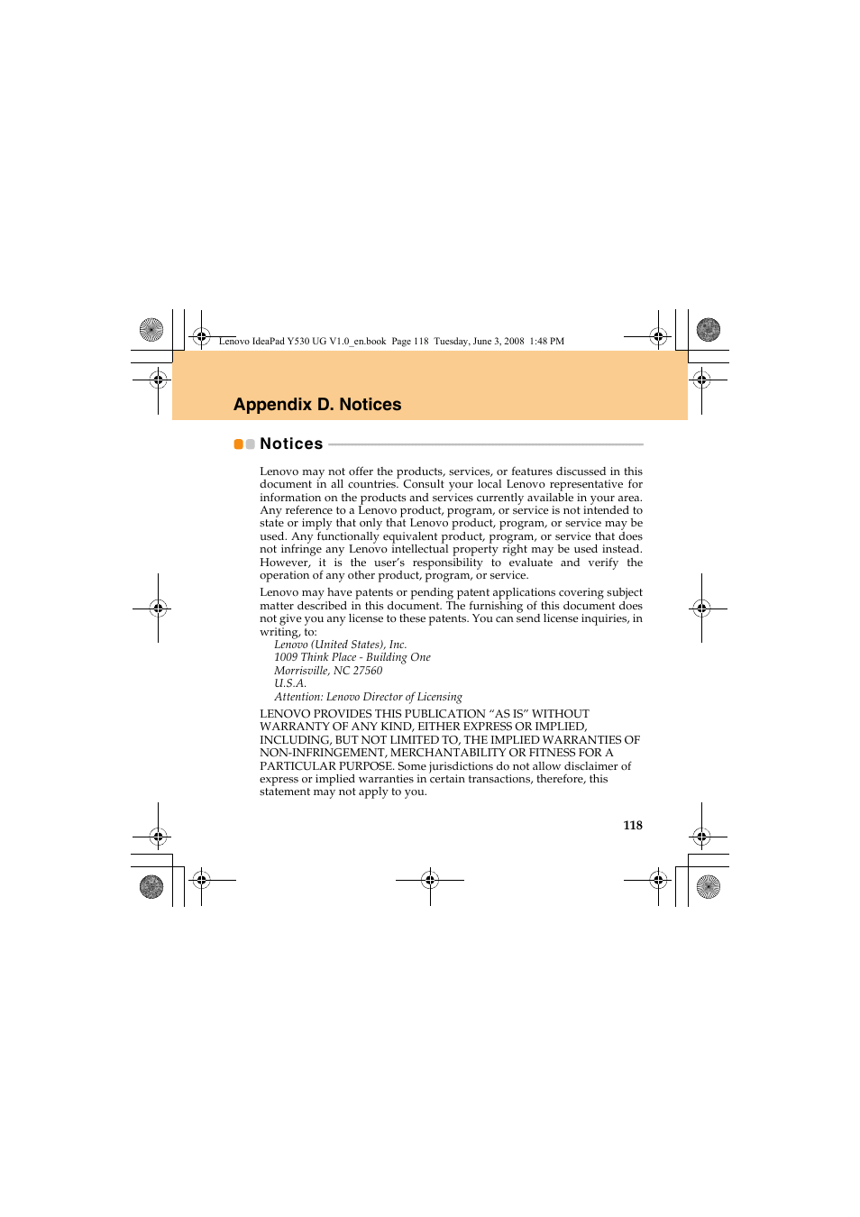 Appendix d. notices, Notices | Lenovo IdeaPad Y530 User Manual | Page 127 / 152