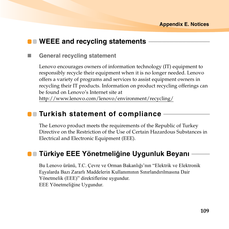 Weee and recycling statements, Turkish statement of compliance, Türkiye eee yönetmeliğine uygunluk beyanı | Lenovo IdeaPad U450p User Manual | Page 123 / 136