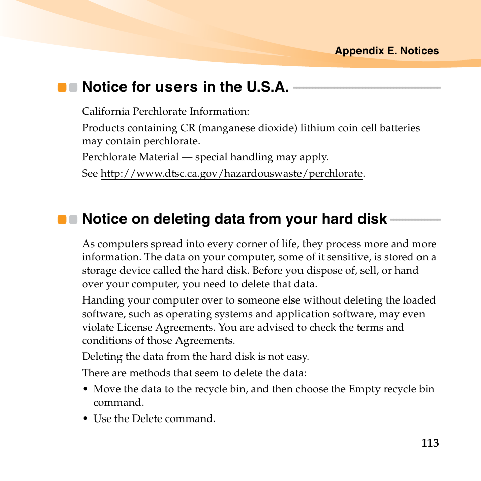 Notice for users in the u.s.a, Notice on deleting data from your hard disk | Lenovo IdeaPad U450p User Manual | Page 127 / 136