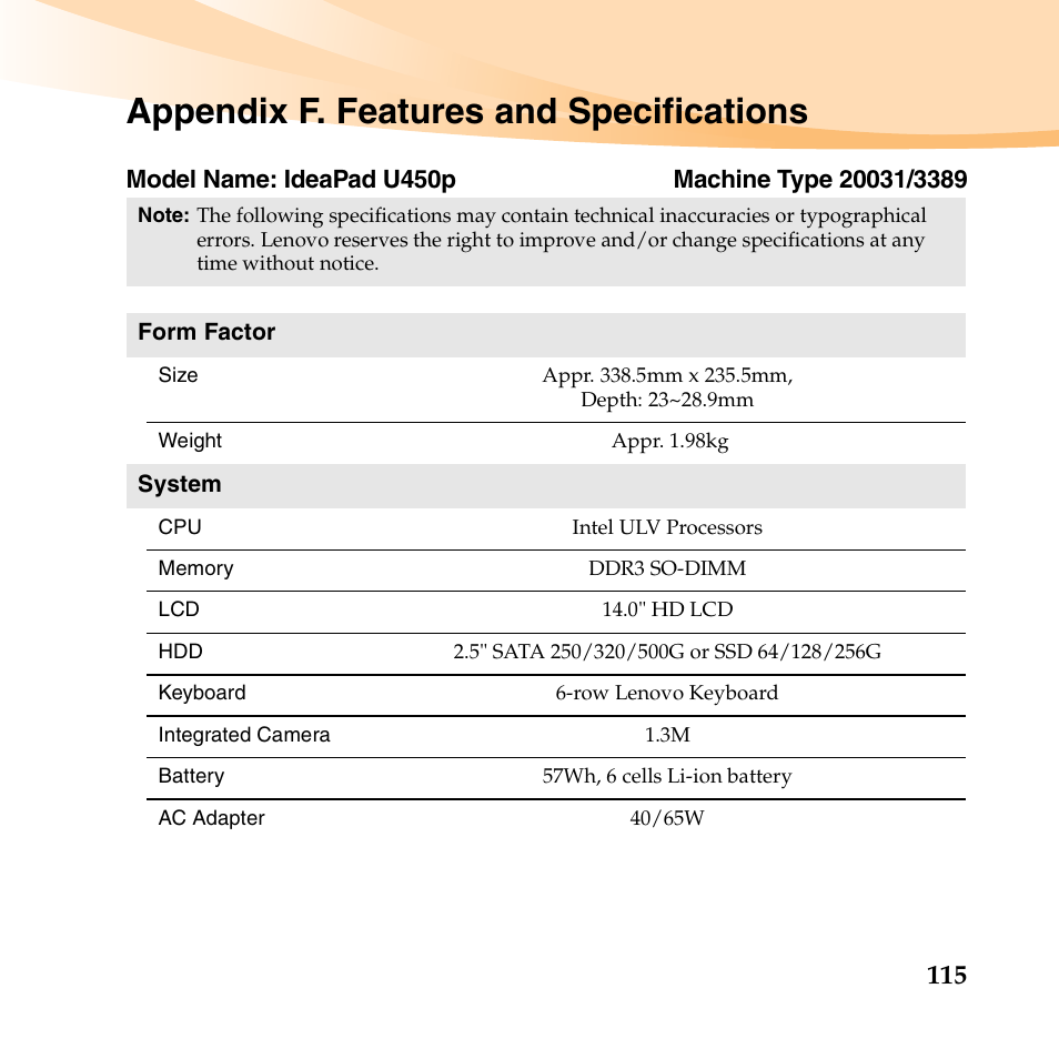 Appendix f. features and specifications | Lenovo IdeaPad U450p User Manual | Page 129 / 136
