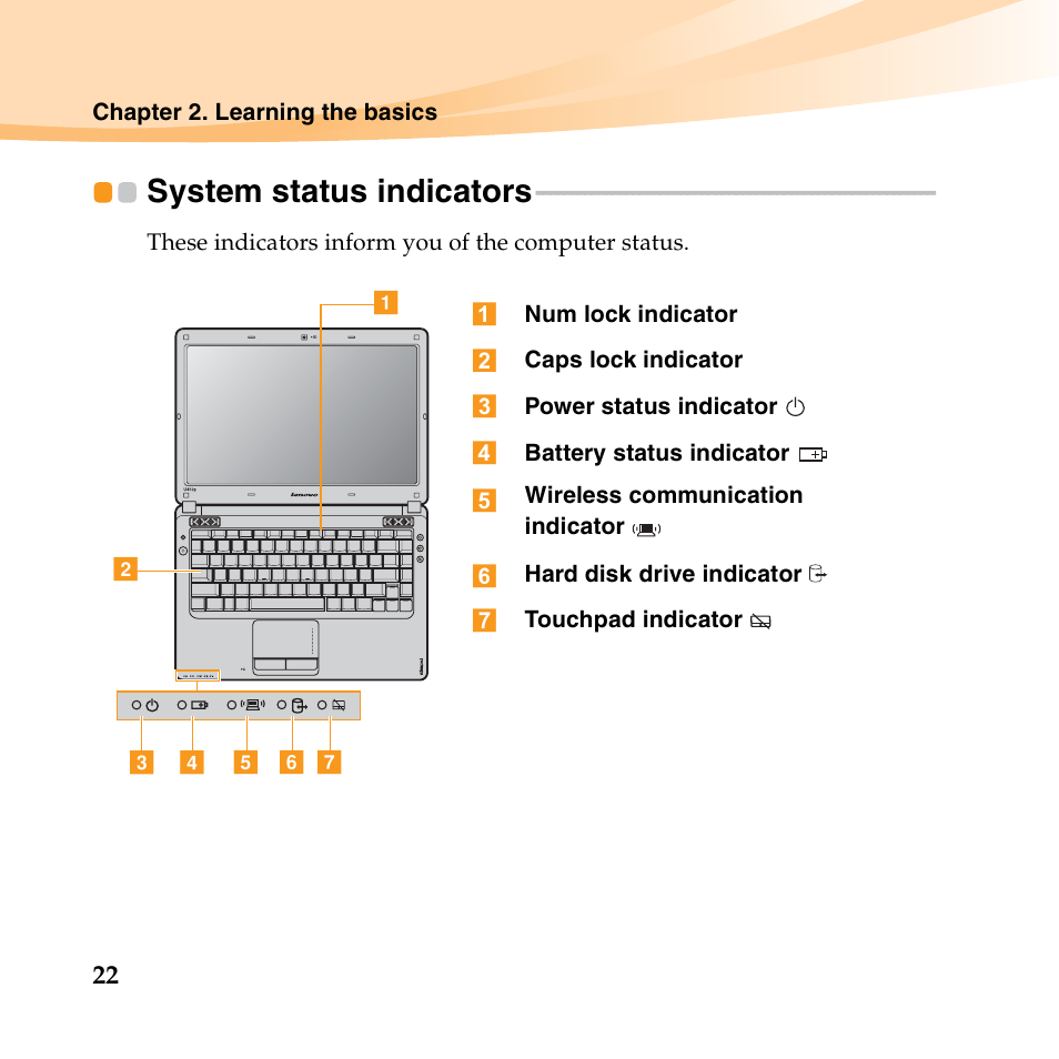 System status indicators | Lenovo IdeaPad U450p User Manual | Page 36 / 136