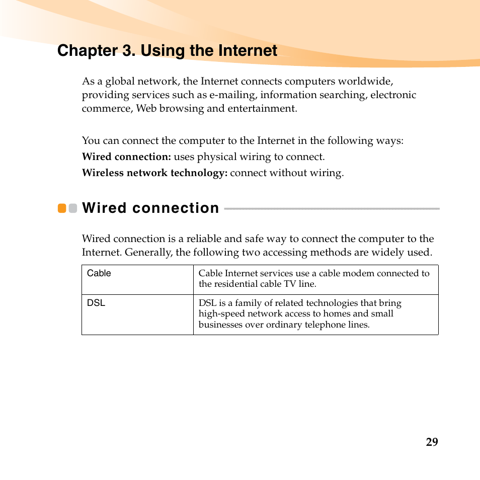 Chapter 3. using the internet, Wired connection | Lenovo IdeaPad U450p User Manual | Page 43 / 136