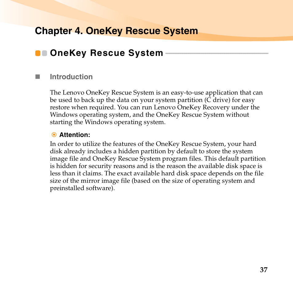 Chapter 4. onekey rescue system, Onekey rescue system | Lenovo IdeaPad U450p User Manual | Page 51 / 136