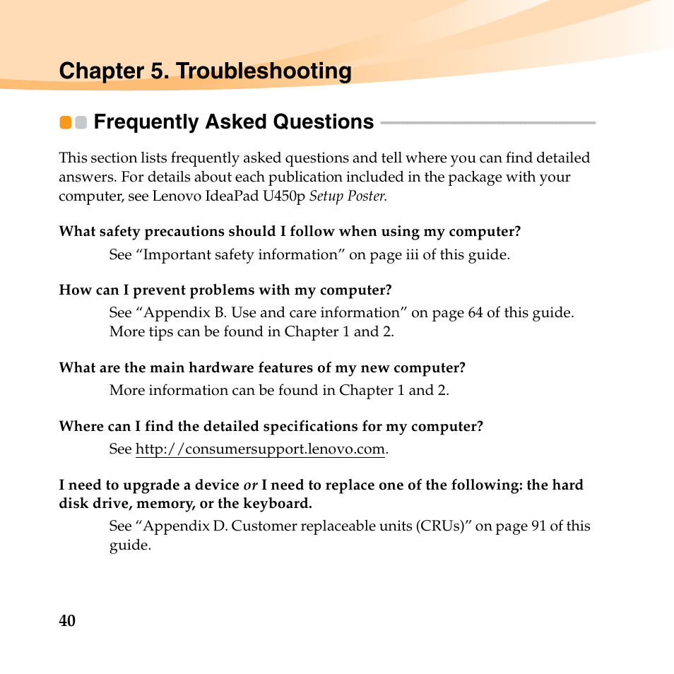 Chapter 5. troubleshooting, Frequently asked questions | Lenovo IdeaPad U450p User Manual | Page 54 / 136