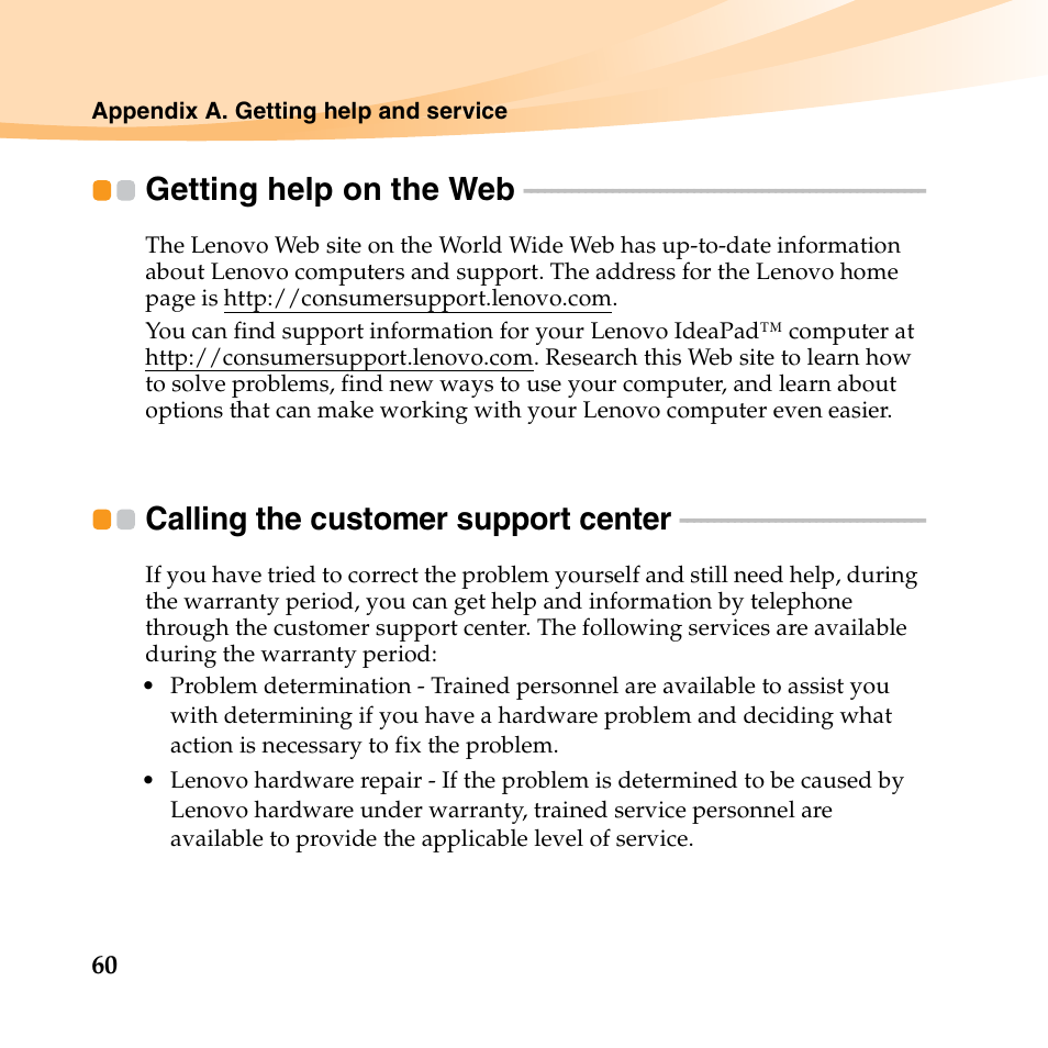 Getting help on the web, Calling the customer support center | Lenovo IdeaPad U450p User Manual | Page 74 / 136