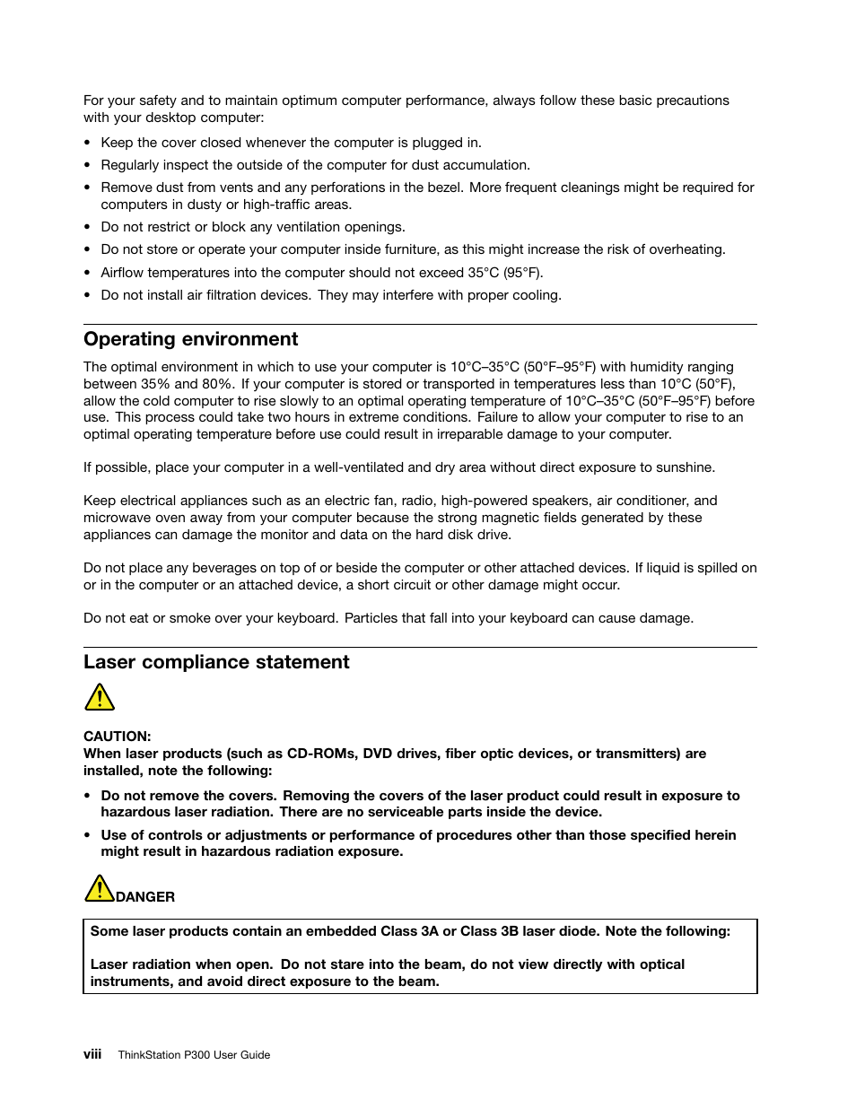 Operating environment, Laser compliance statement, Viii | Lenovo ThinkStation P300 User Manual | Page 10 / 162