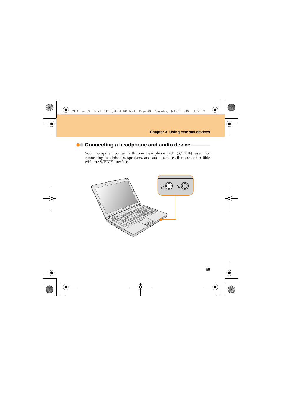 Connecting a headphone and audio device | Lenovo IdeaPad Y330 User Manual | Page 57 / 148