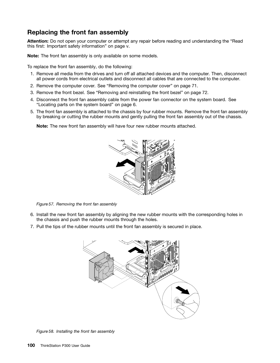 Replacing the front fan assembly | Lenovo ThinkStation P300 User Manual | Page 112 / 150