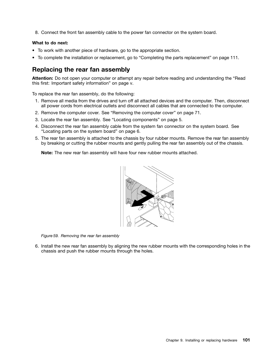 Replacing the rear fan assembly | Lenovo ThinkStation P300 User Manual | Page 113 / 150