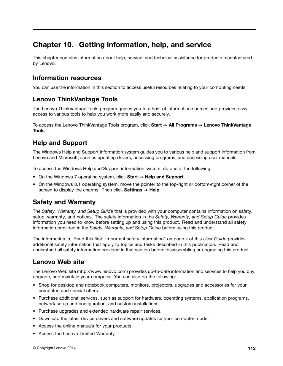 Chapter 10. getting information, help, and service, Information resources, Lenovo thinkvantage tools | Help and support, Safety and warranty, Lenovo web site, Chapter 10 “getting | Lenovo ThinkStation P300 User Manual | Page 125 / 150