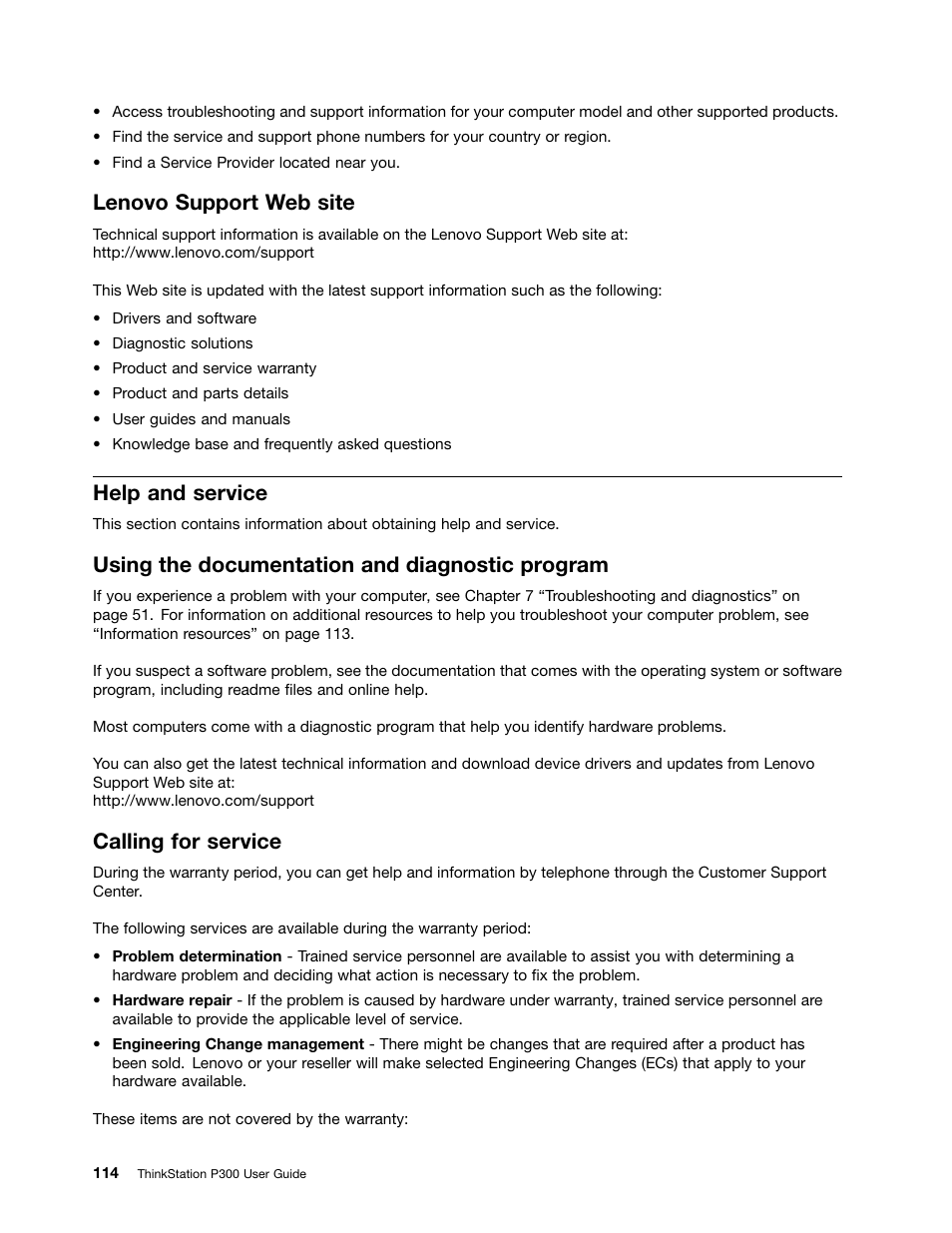 Lenovo support web site, Help and service, Using the documentation and diagnostic program | Calling for service | Lenovo ThinkStation P300 User Manual | Page 126 / 150