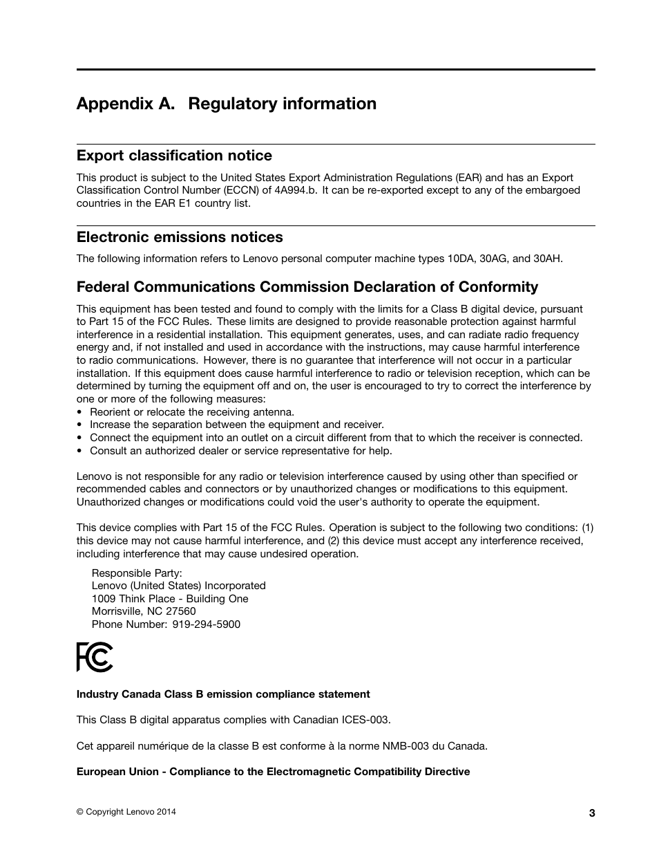 Appendix a. regulatory information, Export classification notice, Electronic emissions notices | Lenovo ThinkStation P300 User Manual | Page 131 / 150