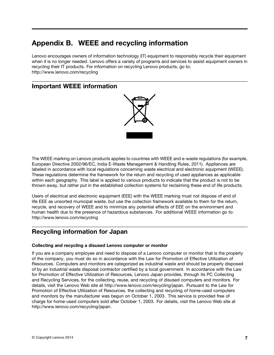 Appendix b. weee and recycling information, Important weee information, Recycling information for japan | Lenovo ThinkStation P300 User Manual | Page 135 / 150
