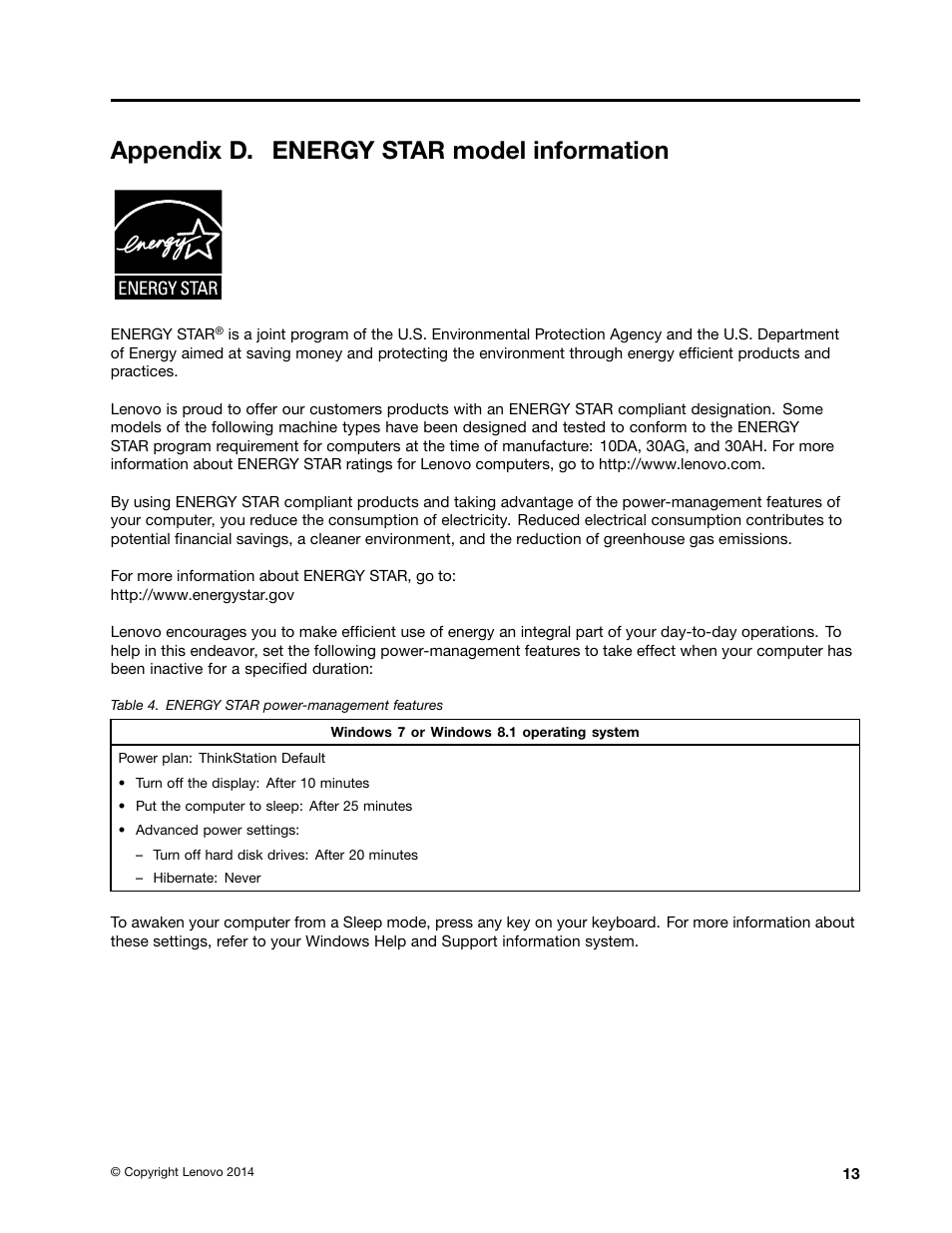 Appendix d. energy star model information | Lenovo ThinkStation P300 User Manual | Page 141 / 150