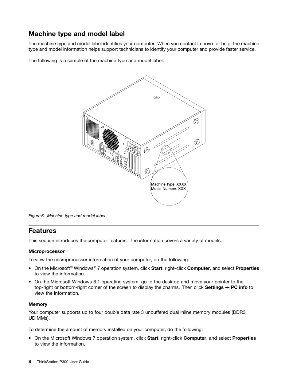 Machine type and model label, Features | Lenovo ThinkStation P300 User Manual | Page 20 / 150