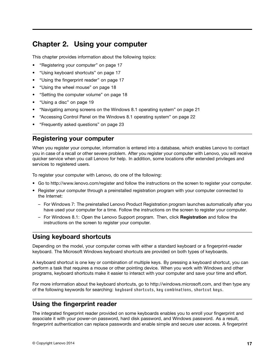 Chapter 2. using your computer, Registering your computer, Using keyboard shortcuts | Using the fingerprint reader | Lenovo ThinkStation P300 User Manual | Page 29 / 150